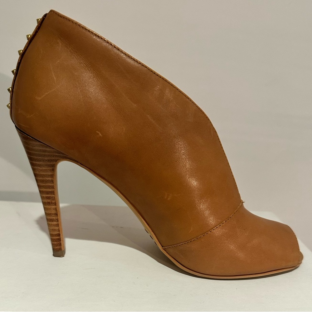 Halogen Tan Peep-Toe Booties with gold studs